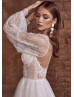 Long Sleeves Ivory Lace Tulle Buttons Back Wedding Dress